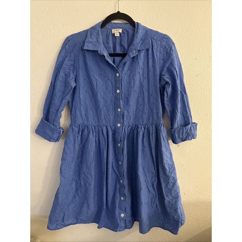 J Crew Women's Blue Eyelet Long Sleeve Mini Collared Shirt Dress‎ Preppy Sz 2